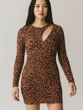 Guess dress leopard pattern cut out neck bodycon jersey brown-orange black Med